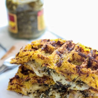 Spaghetti Squash Waffle Grilled Cheese | Destination Delish – a truly unforgettable sandwich consisting of gooey cheddar cheese and savory pesto layered between spaghetti squash waffles