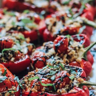 Quinoa Caprese Stuffed Peppers | Destination Delish – The classic caprese cooked inside a bell pepper! It’s a light and fresh summer side dish easy enough for weeknights and fancy enough for guests!