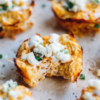 Buffalo Chicken Spaghetti squash Cups | Destination Delish - A healthy, perfectly-portioned snack bursting with tangy chunks of buffalo chicken, spaghetti squash, blue cheese, and ranch dressing!