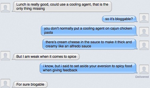 A screen shot of a text exchange with author's husband about his approval of the dish, but his request for a cooling agent